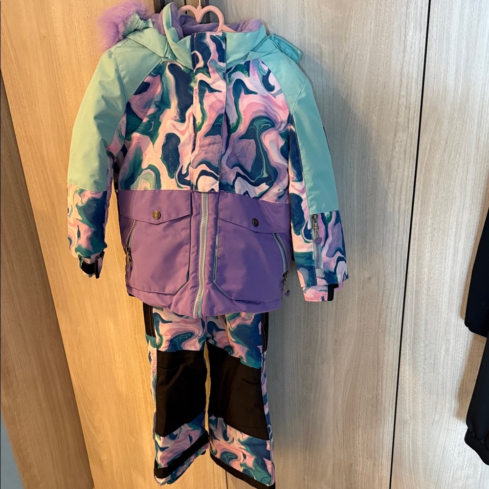 deux par deux Girls Marble Print Puffer Jacket & Pants in Purple, Mint, Pink